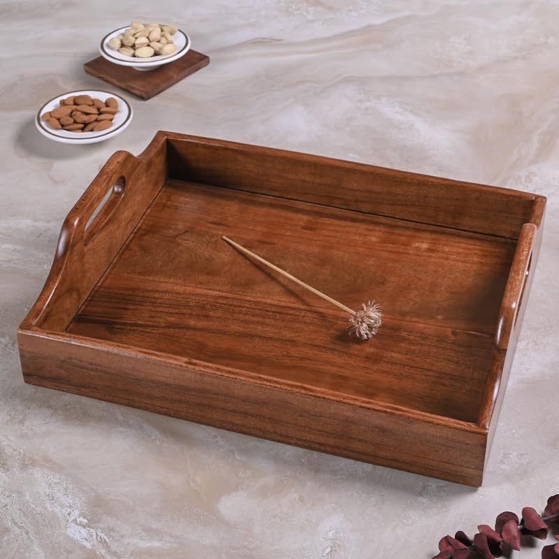 Image of Wooden Serving Tray - 15 Inch Rectangular Wooden Tray for Coffee Table, Kitchen, Breakfast & Home Decor | Multipurpose Organizer & Gift (Raised Handle)