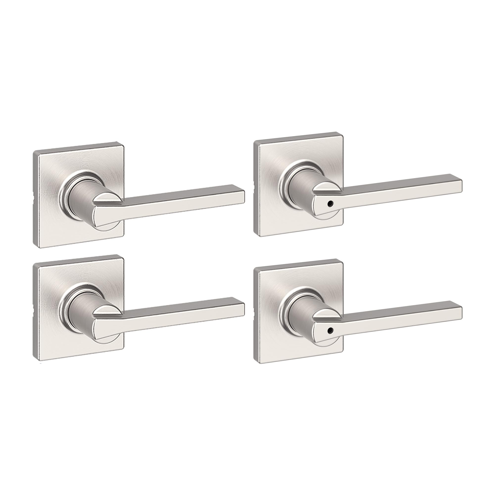 Kwikset Casey Hallway Passage and Bed/Bath Privacy Door Handle 4 Pack, 2 Passage Levers and 2 Privacy Levers, Satin Nickel Reversible Interior Handles