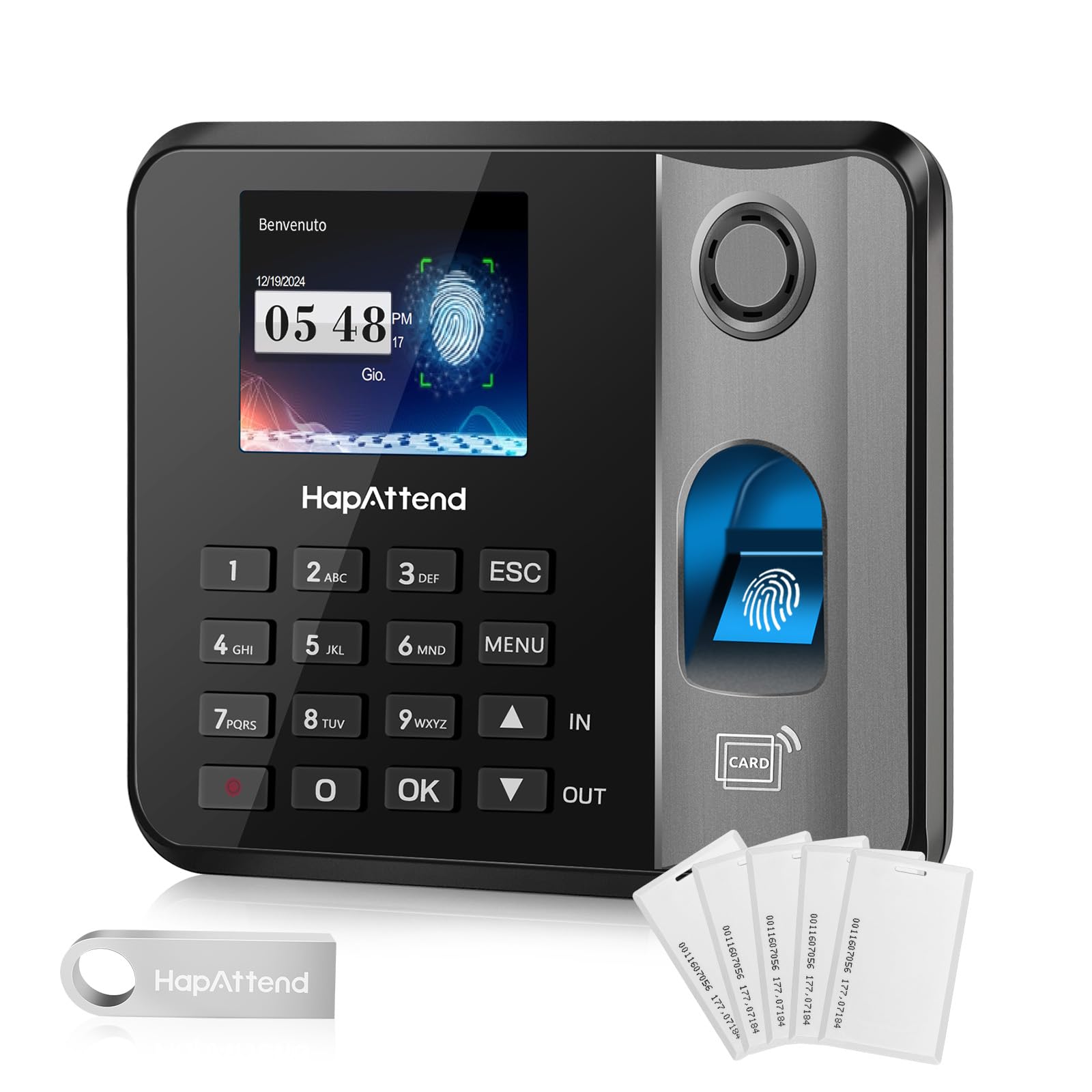 Rilevatore presenze, HapAttend Italiano timbracartellini lettore con impronte digitali e 5 badge RFID, H1 timbratrice presenze dipendenti Checking-in registratore orologio tempo per piccole imprese