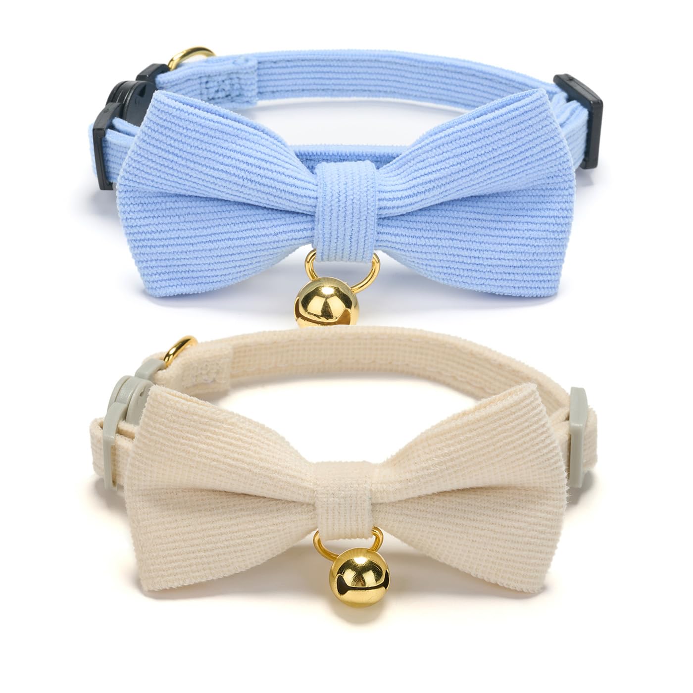 Ewinoom 2 Pack Soft Corduroy Cat Collars with Bow Tie & Bell, Adjustable Breakaway Cotton Kitty Bowtie Collar for Female Male Cats(White & Blue)