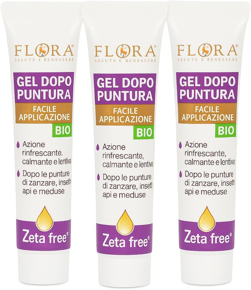 FLORA Gel Dopo Puntura Zeta Free pack da 3 Pz da 20 ml BIO‑ICEA – Sollievo Immediato con Aloe, Malva, Liquirizia & Lavanda, Azione Calmante Rinfrescante • Lenitiva su Punture di Zanzare, Api, Meduse