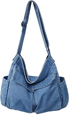 JARKJARD Denim Canvas Messenger Shoulder Bag for Women Men | Retro Casual Aesthetic Large Capacity Hobo Crossbody Tote Handbag Purse with Multiple Pockets