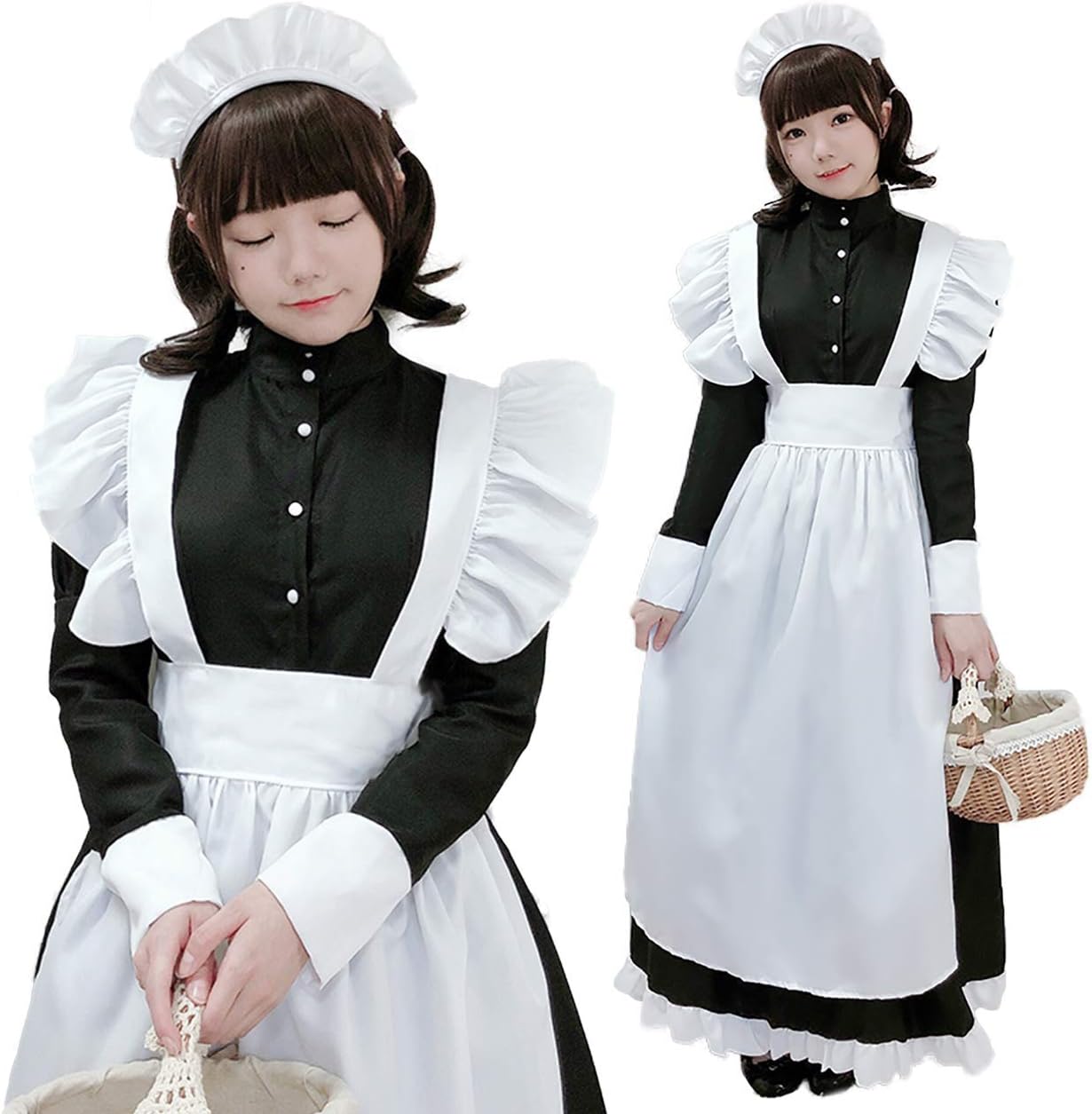 [milky time] メイド服 ワンピース ロリータ クラシカル エプロン モノクロ ロング丈