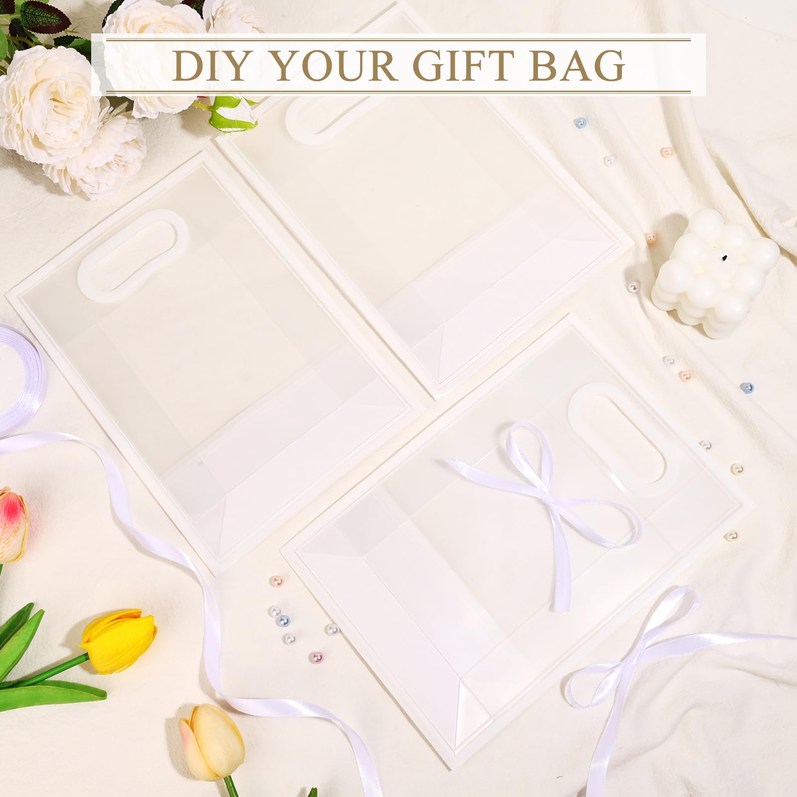 ALEXPRE 24 bolsas de regalo de plástico transparente con asas de 7 x 10 x 3.2 pulgadas, bolsas de regalo reutilizables de polipropileno con cinta, bolsas de regalo de plástico transparente para bodas,