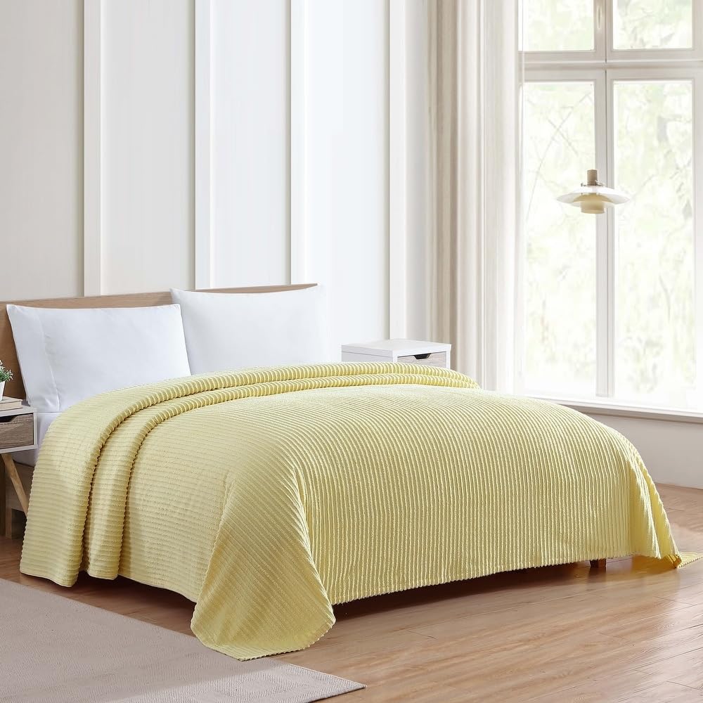 1 Piece Lightweight 100% Cotton Tufted Chenille Bedspread Queen Size Textured Channel Stripe Design | All Seasons Lemon Yellow Color Shabby Chic Bedding Western Aesthetic Look Soft Plush Cozy