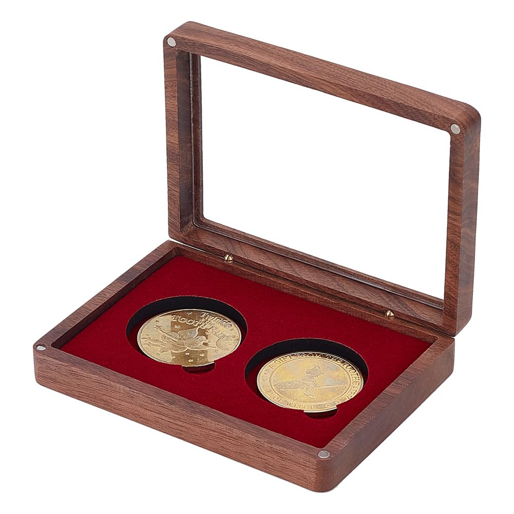 PLIGREAT Wood Double Coins Display Box, Rectangular Coin Collection Display Wooden Challenge Coin Presentation Displays Box Storage Case Commemorative Coins Holder for Collectors, 5.2