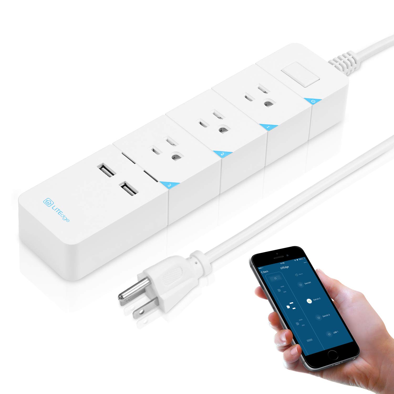 LITEdge Smart Power Strip, Distance Access, 5.6ft Cable Length, Wi-Fi Accessible 3 AC Outlets 2 USB Ports, Control with App on Phone, Surge Protected, Compatible with Alexa