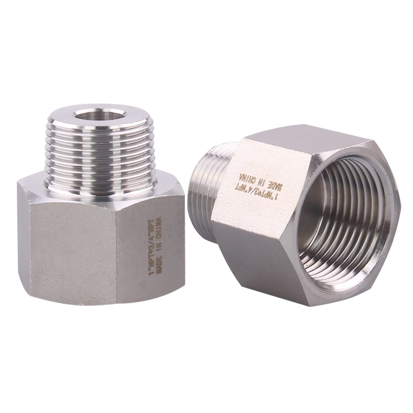 DERPIPE Forged Reducer Adapter Fitting - Stainless Steel 304 Reducing Pipe Connector, 1" NPT Female x 3/4" NPT Male (pack of 2)