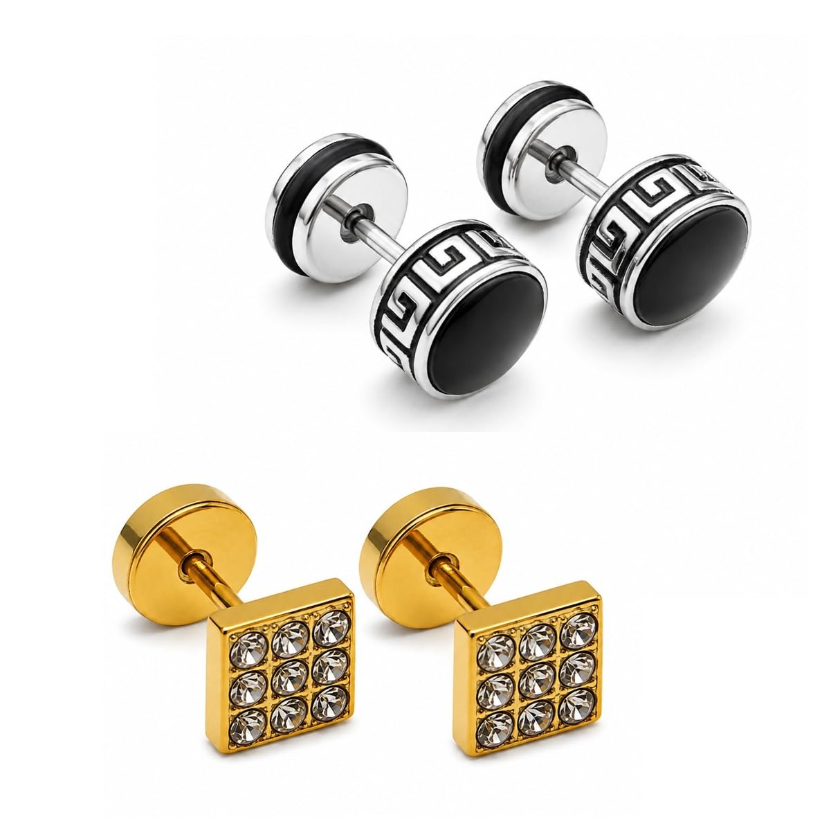 adhvik Combo of Men Golden Square & Silver Round Black Bali Pairs Ear Earrings Premium Finish Lightweight Stylish Casual Wear-picture-29