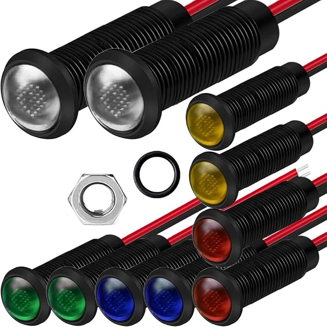 10pcs LED Plastic Indicator Pilot Light 12V-24V Mounting Hole Size 6mm(Red/Orange/Blue/Green/White)