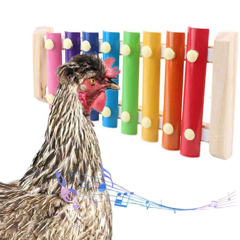 Chicken Toys Hen Pecking Toy Decorative Wooden Xylophone Toy with 8 Vibrantly Colored Metal Keys for Medium or Large Parrots and Birds