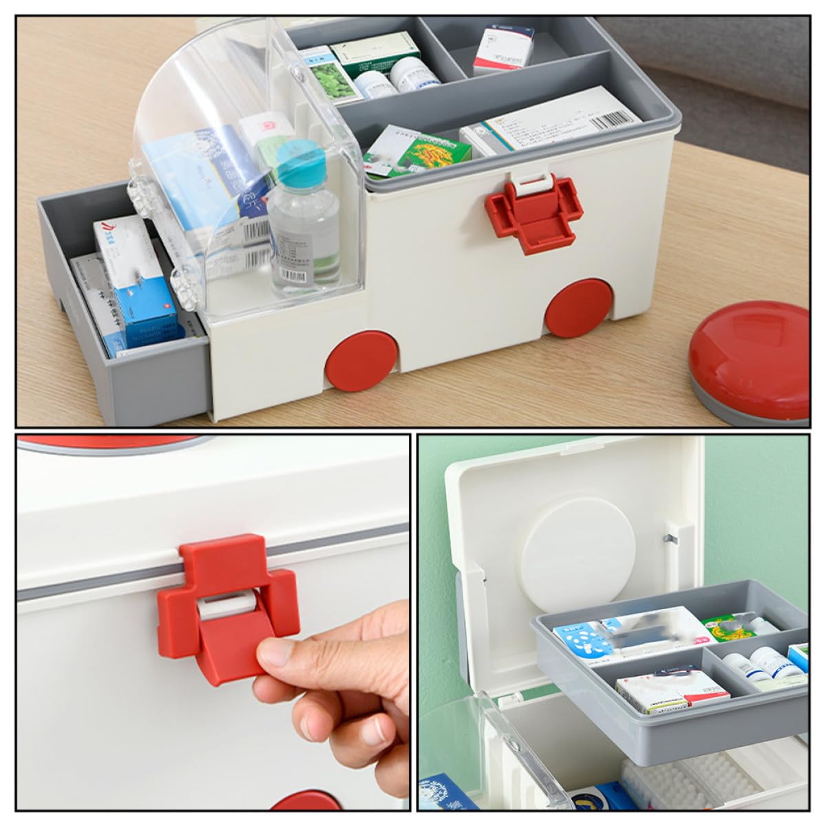 DOITOOL Caja Médica Hogar Grande de Plástico Gris Asa Portátil, Botiquín de Primeros Auxilios y Contenedor de Almacenamiento Multipropósito para Medicamentos y Artículos Pequeños