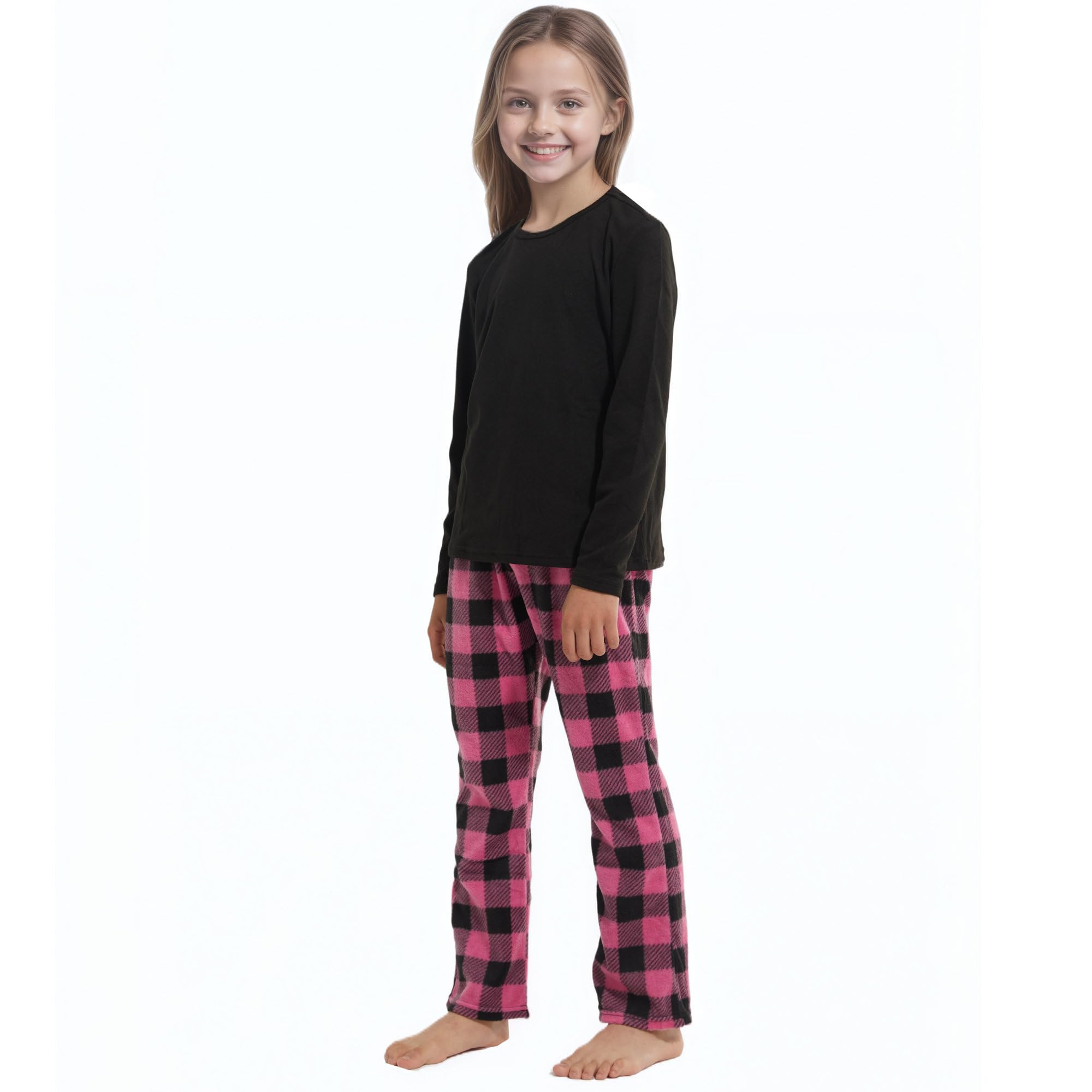 Kinder Mädchen Schlafanzüge Winter Fleece Karierte Pyjama Set | Langarm Shirt&Karierte Pyjamahose,Fleece Warm Pyjama,Teenager Zweiteilig Nachtwäsche,Weihnachten Pyjama,für 7-14 Jahre