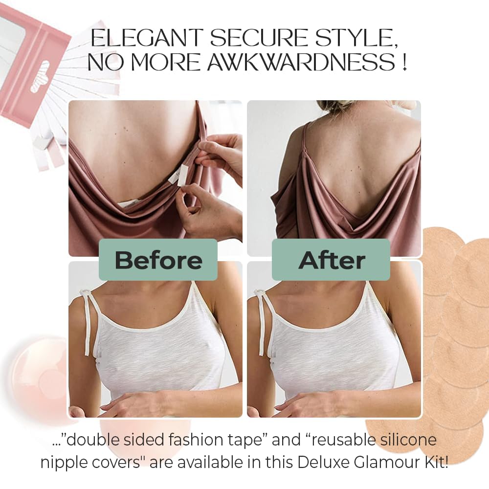 Boob Tape - Cinta para levantamiento de senos con 2 tapas reutilizables para pezón (invisible, con 10 cubiertas desechables para pezones, 20 cintas de moda, sin sujetador)