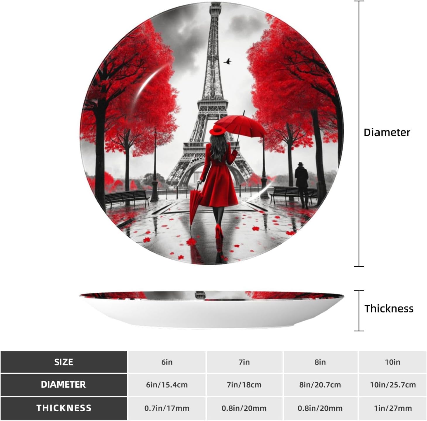 Eiffel-Tower-Romantic-Red 10 Inch Decorative Plate With Stand, Elegant Display Wall Plate For Home Decor