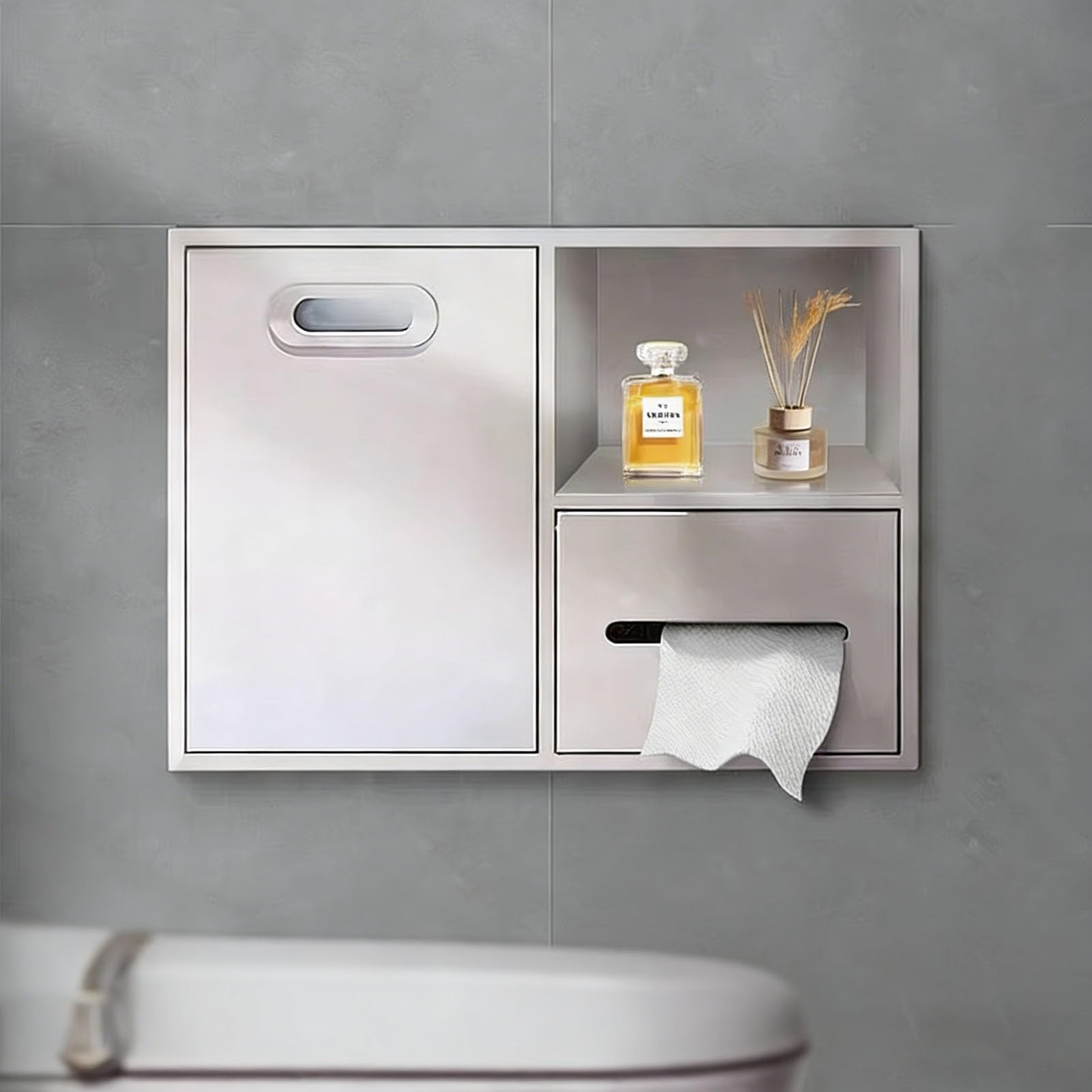 Porta Carta Igienica Cestino per Il Bagno, Porta Carta Igienica Combinato, Nicchia a Parete, Porta Carta Igienica Nascosto da Incasso, Distributore di Rotoli di Carta Igienica in Metallo(White)