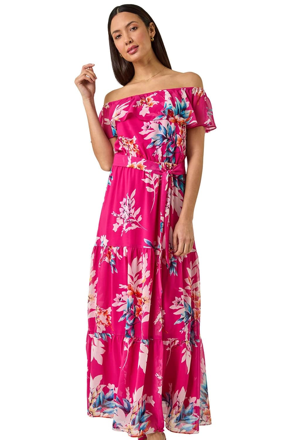 Roman Originals Women's Pink Roman Floral Tiered Bardot Belted Dress For Uk - Spring Everyday Summer Holiday Maxi Length Comfy Short Sleeve Soft Fit & Flare Frock Vacation Gowns - Size 18