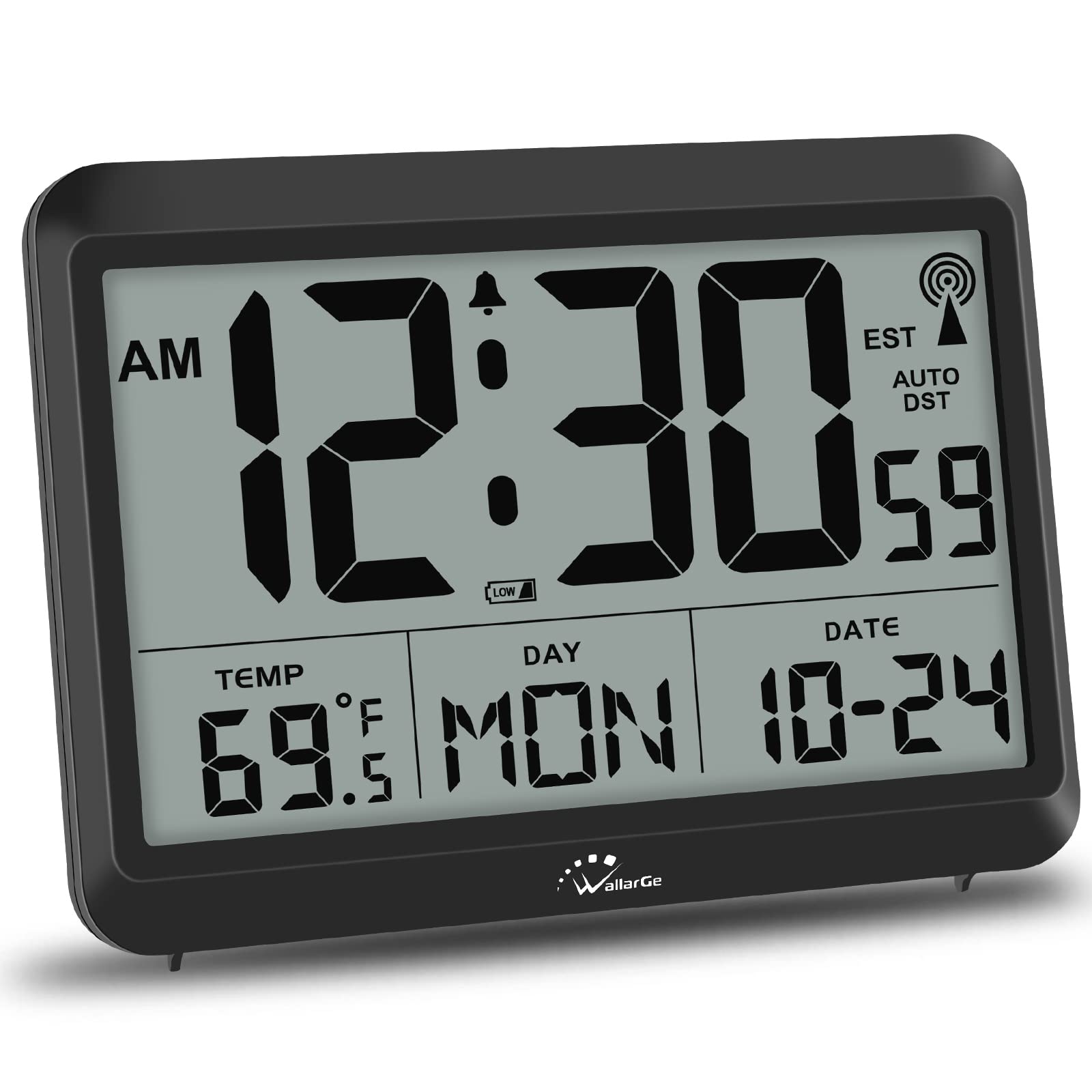 WallarGe Atomic Clock Battery Operated - Large Display Digital Alarm Clock with Seconds and Indoor Temeperature, 4 Time Zones, DST