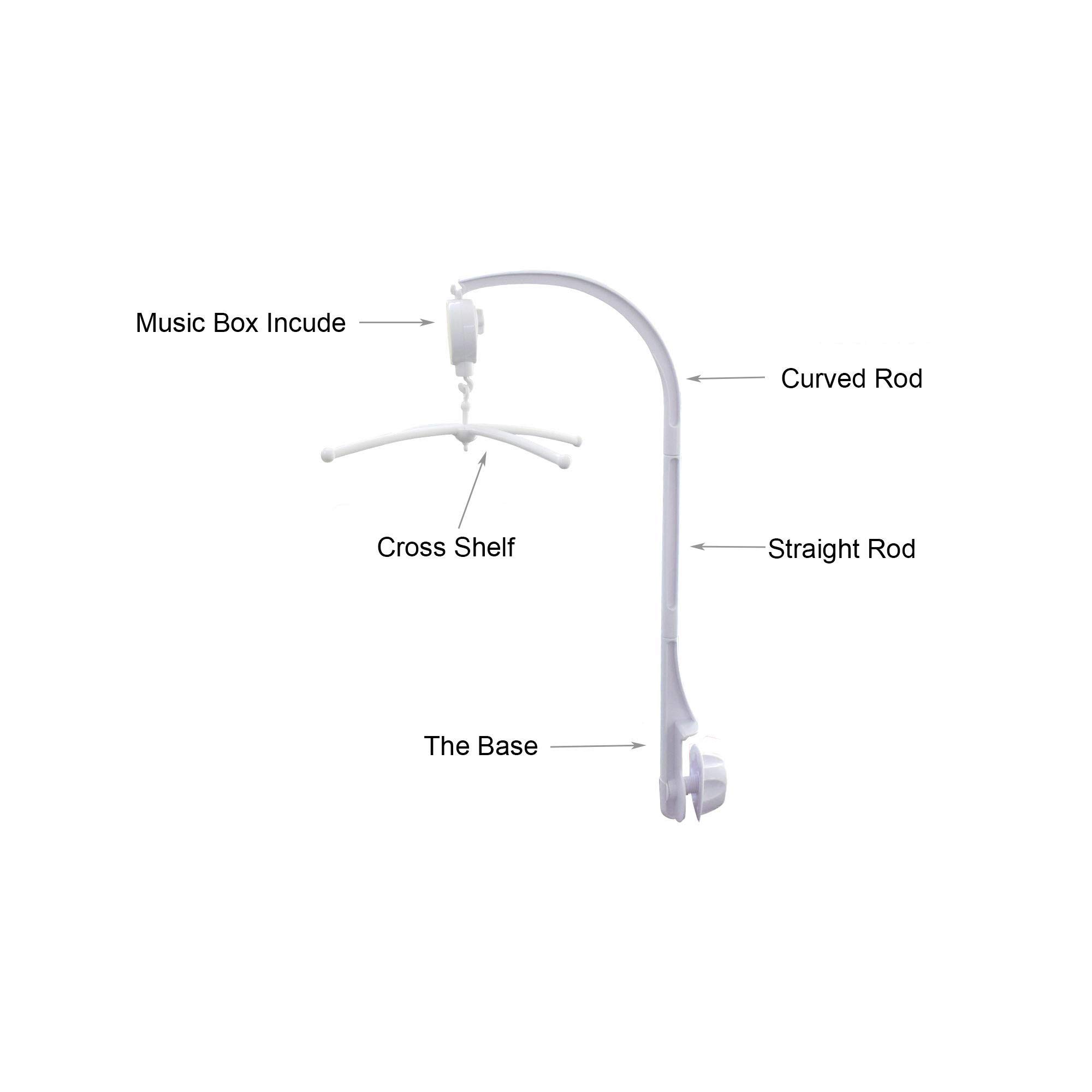 Caja de música móvil para cuna de bebé blanca de 26 pulgadas, soporte de brazo, soporte de brazo de tuerca, tornillo de tuerca, caja de música, juego de piezas para cama de bebé Perambulador (sin 2