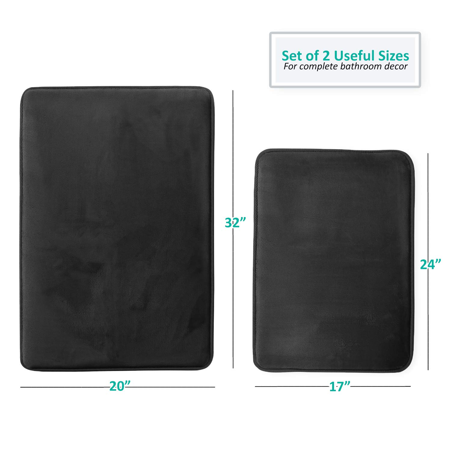 Clara Clark Bathroom, Velvet Memory Foam Mat, Non-Slip Bath Rugs Ultraweicher, Rutschfester und saugfähiger Badezimmerteppich, Samt Fleece, Schwarz, 17 x 24 + 20 x 32, 2