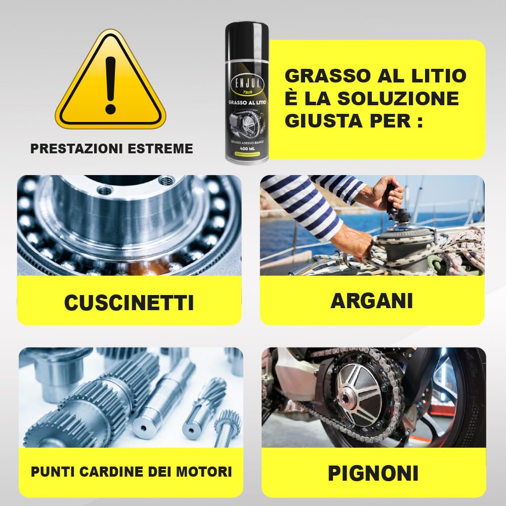 Enjoy Tech Grasso al Litio Spray 400ml, Lubrificante per Serrande, Cancelli e Cuscinetti Bici, Grasso Bianco Idrorepellente Anti-Ossidazione per Meccanica Auto e Casa, Professionale Made in Italy