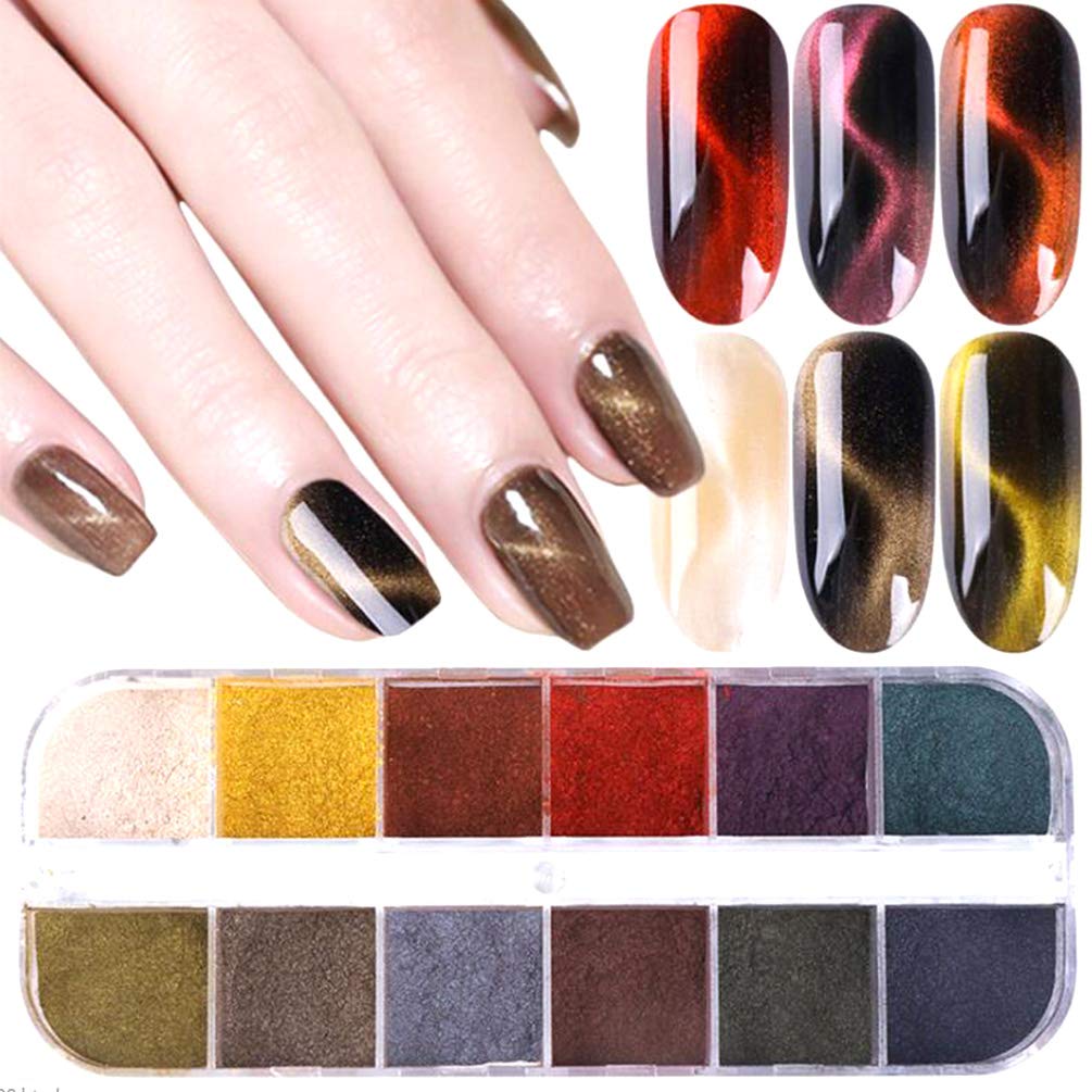 Polvo de uñas de ojo de gato, 12 rejillas, imán de uñas, pigmento, polvo de inmersión, espejo, purpurina para esmalte de gel UV, herramienta de manicura de cielo estrellado 5