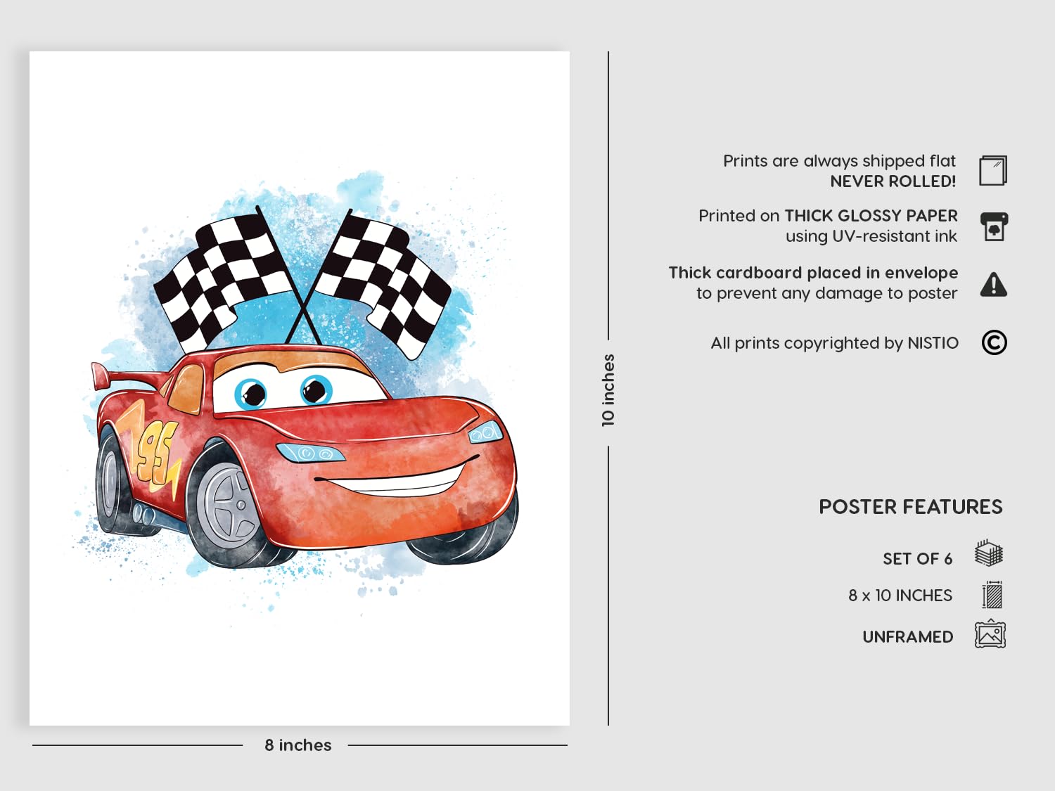 Nistio® Póster de la película Cars para decoración de pared, diseño de Rayo McQueen, juego de 6, 8 x 10 pulgadas (sin marco)
