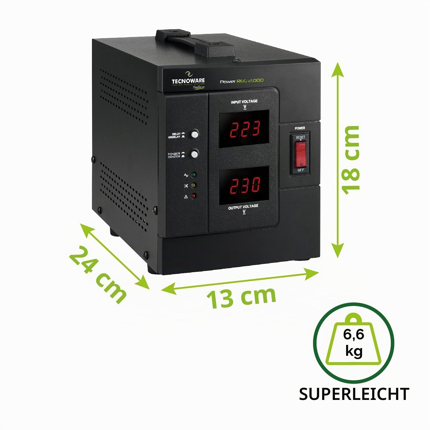 Tecnoware Power Systems Spannungsstabilisator 2000VA für Modem, Router, PC und kleine elektronische Geräte, schützt vor Stromschwankungen, ist kein USV, einsatzbereit