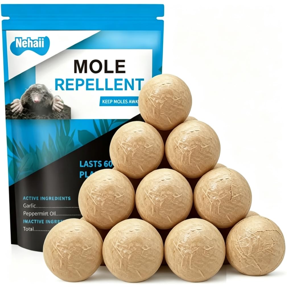 Nehaii Mole Repellent Balls, Effective Mole Deterrent for Gardens UK, Prevents Damage to Lawns & Gardens, Easy to Use Mole Repeller for Outdoors, Mole Repellent Safe for Pets -Dark Brown10P