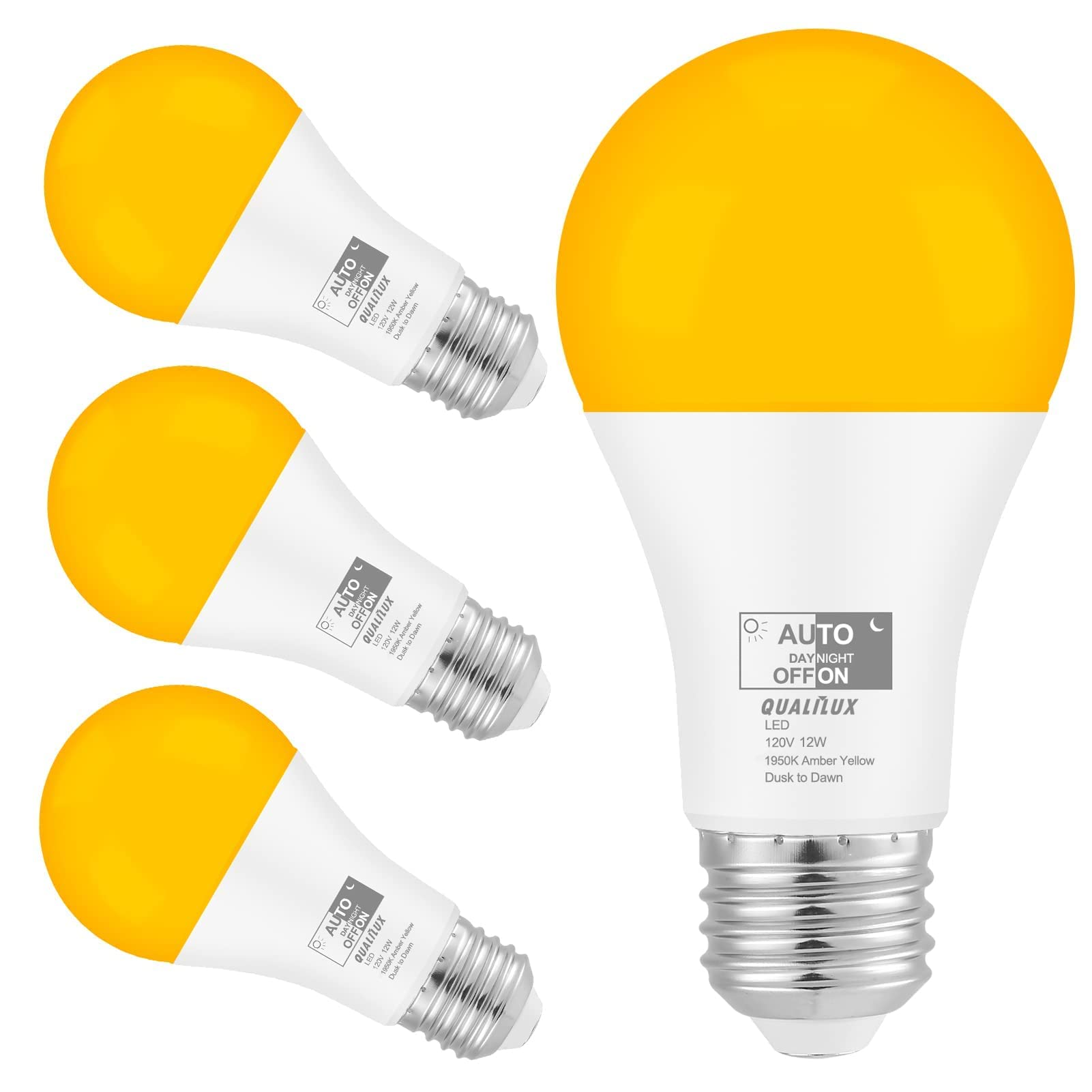 Dusk to Dawn Light Bulbs, Auto On/Off Light Sensing LED Bulbs Outdoor, Amber Yellow Bug Light, A19 4-Pack, 12W 800LM 60W Equivalent, HQ-H020