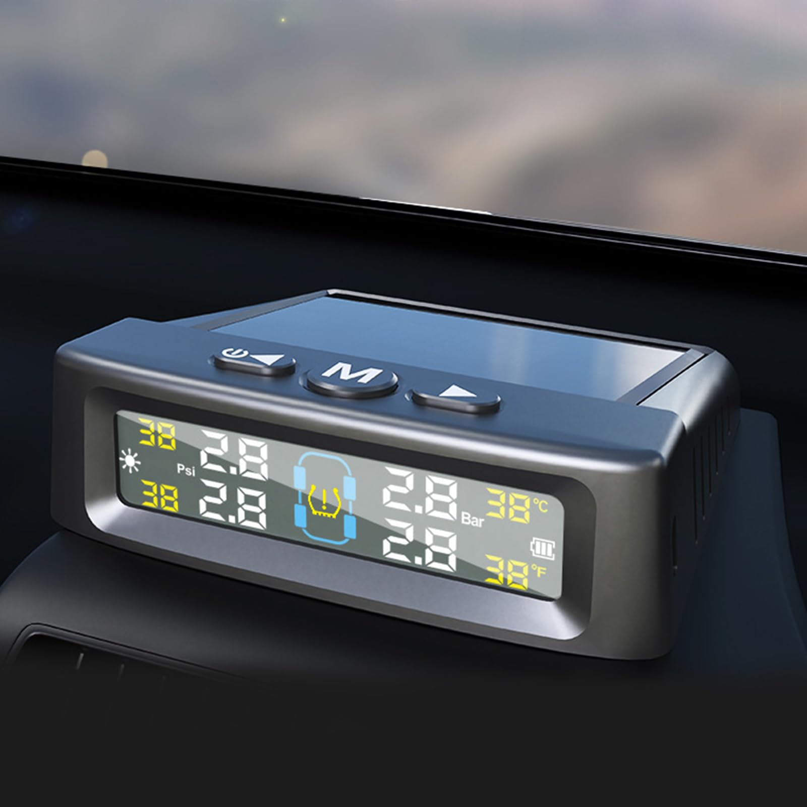 TPMS - Sistemas de presión de neumáticos para coche, sistema de alarma solar alimentado por USB, 4 sensores, pantalla digital, alarma de coche