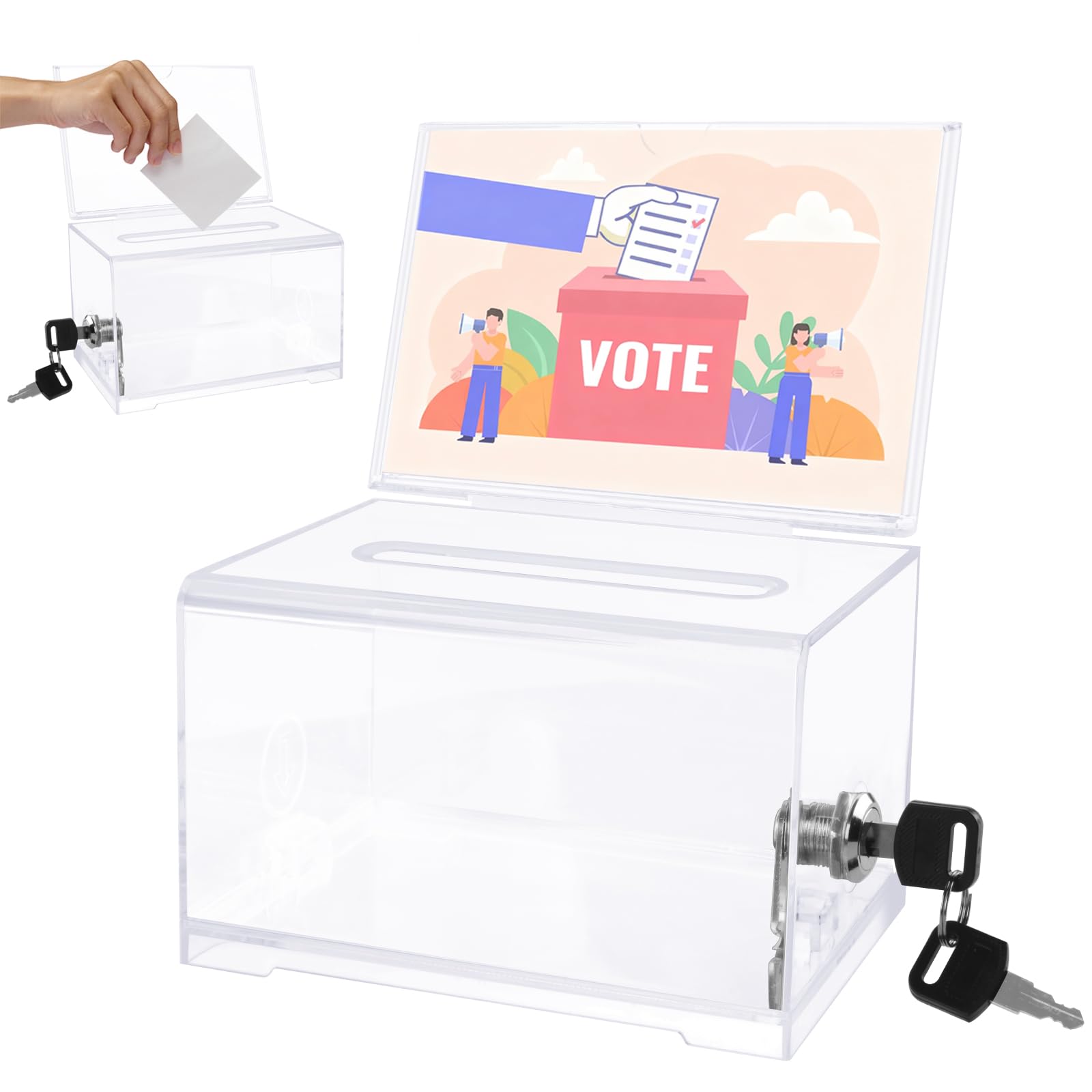 Acryl Spendenbox Abschließbar, Transparent Spendenbox mit Schloss und abnehmbarem Schildhalter, Wahlurne mit Einwurfschlitz für Spenden, Abstimmungen & Gewinnspiele (16 × 12 × 10 cm)