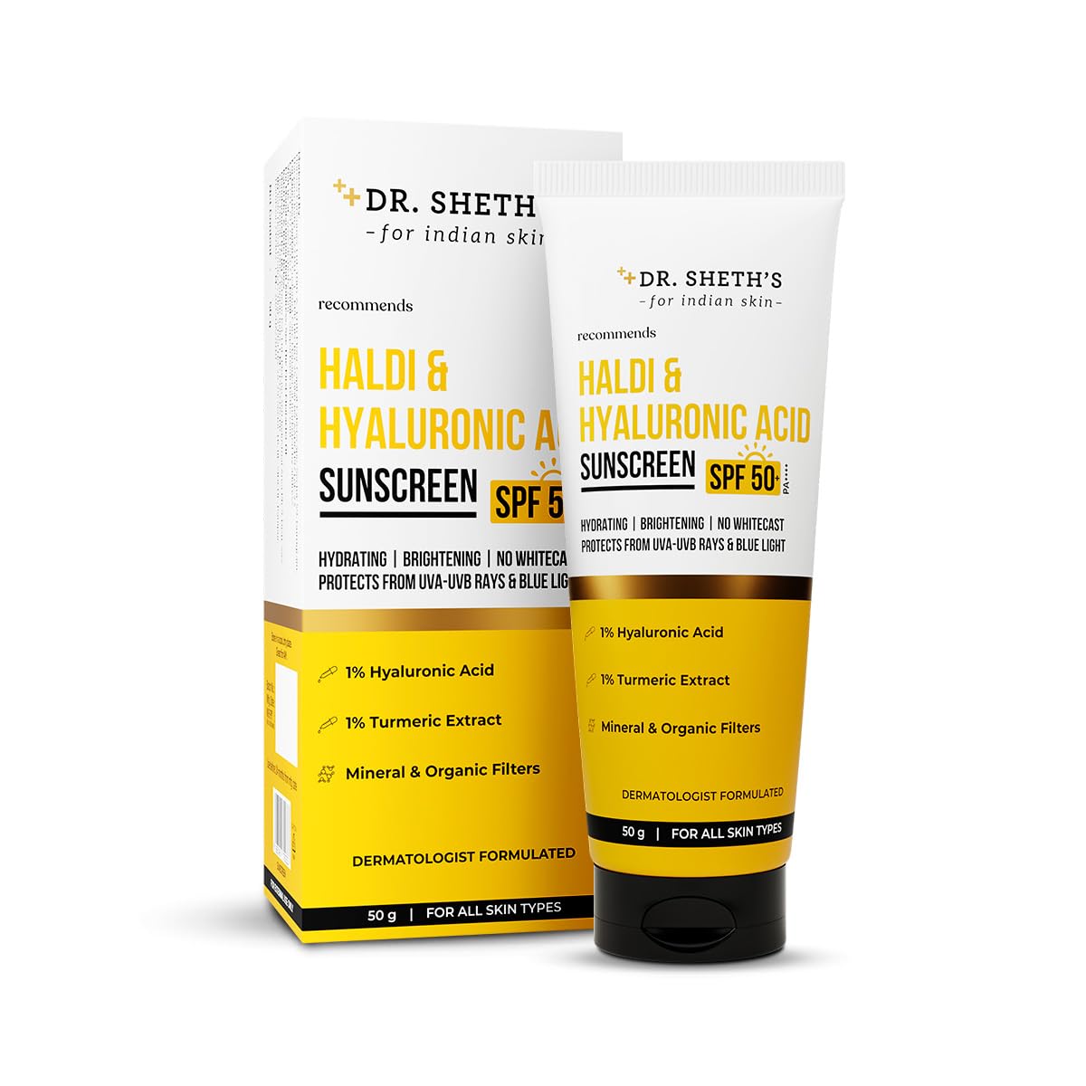 Dr. Sheth's Haldi & Hyaluronic Acid Sunscreen with 1% Hyaluronic Acid | Spf 50+ Pa+++ | Protects Against UVA/B & Blue Light | Hydrating & Brightening | For Men & Women | For All Skin Type | 50 g