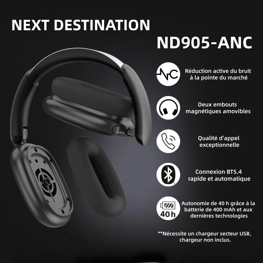 Next Destination ND905-ANC Casque sans Fil Bluetooth 5.4 à réduction Active du Bruit, Écouteurs Bluetooth 40 h d'autonomie, Basses puissantes, Microphones pour Les appels, Coussinets magnétiques