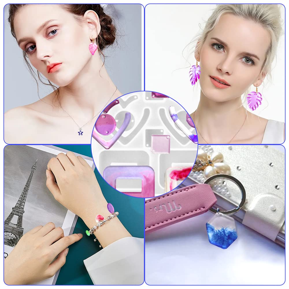 SENHAI - 4 moldes de resina para pendientes, varios estilos de silicona, con ganchos para las orejas, lazos abiertos y tapones transparentes para los oídos, para hacer pendientes, colgantes, joyas