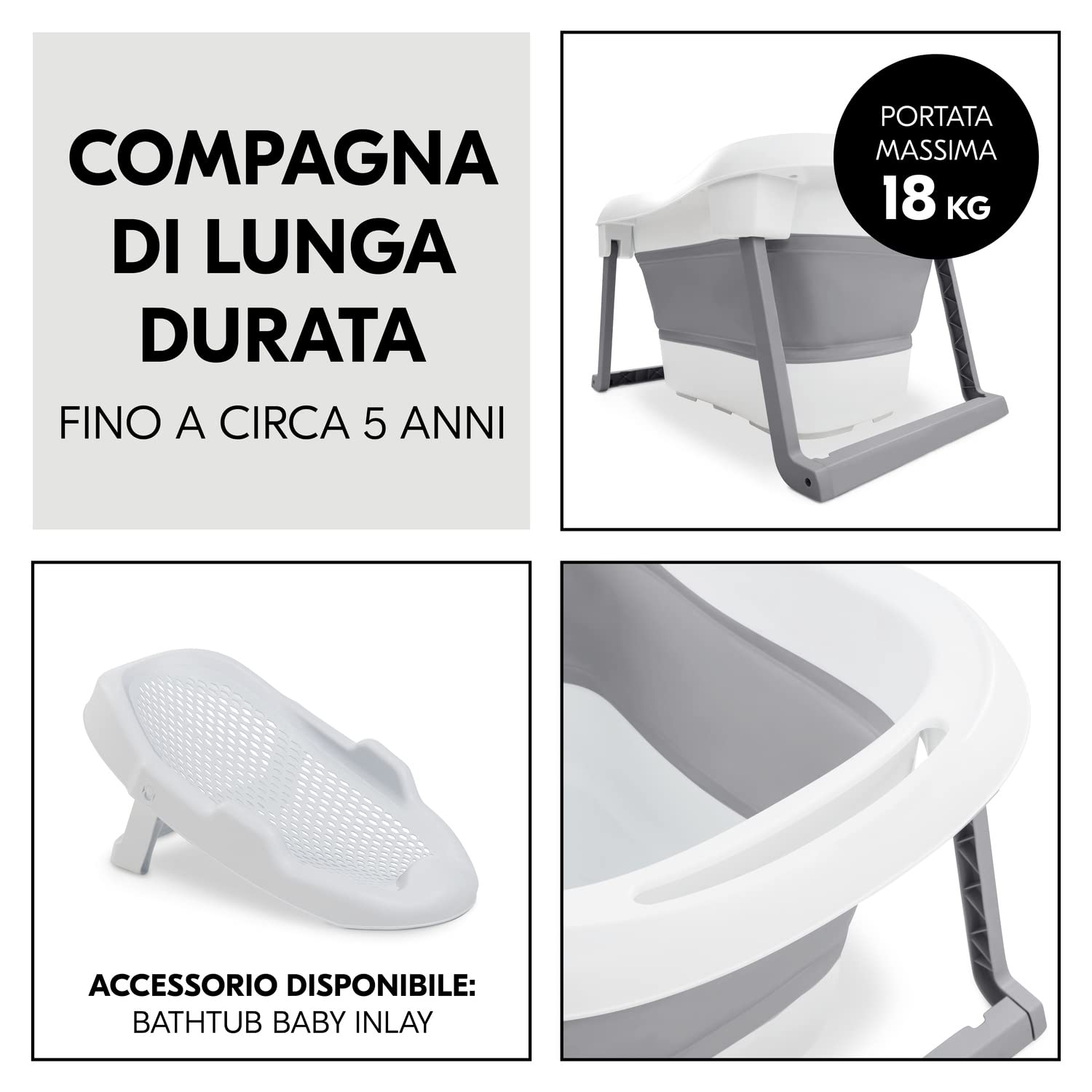 hauck Wash N Fold L, Grigio - Vaschetta Bagnetto Neonato con Sgabello e Tappo Termosensibile - 80 x 56 x 44 cm - Vasca da Bagno dalla Nascita fino a 18 kg - Pieghevole e Portatile