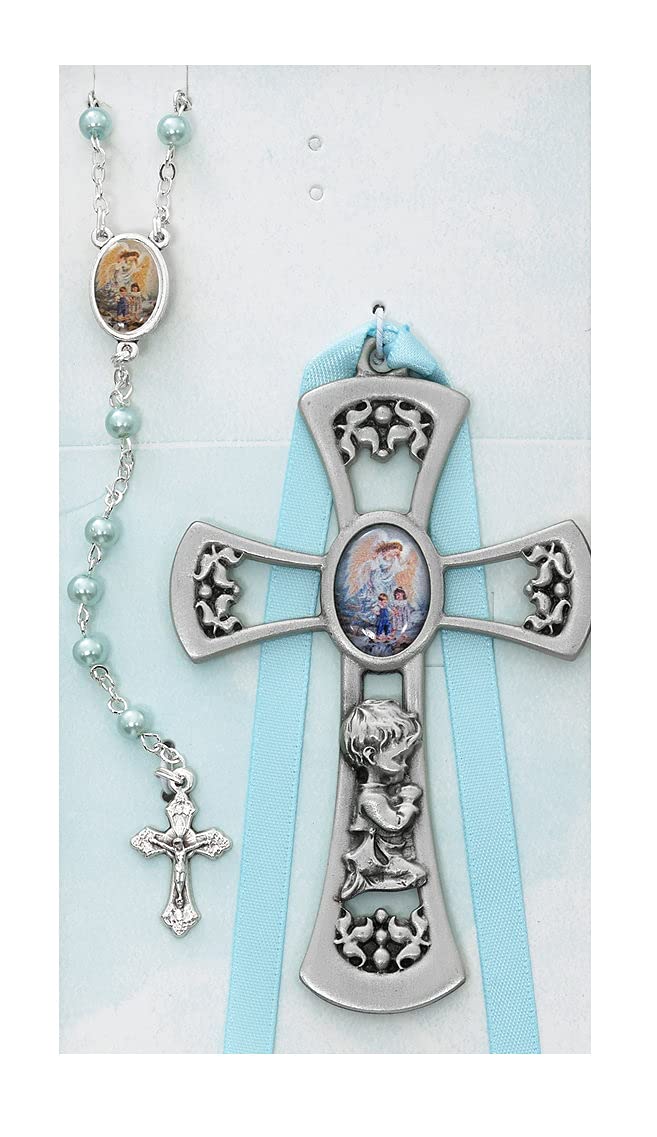 CatholicStore Praying Baby Boy Guardian Angel Cross & Rosary Set, Blue Ribbon, 3-1/2