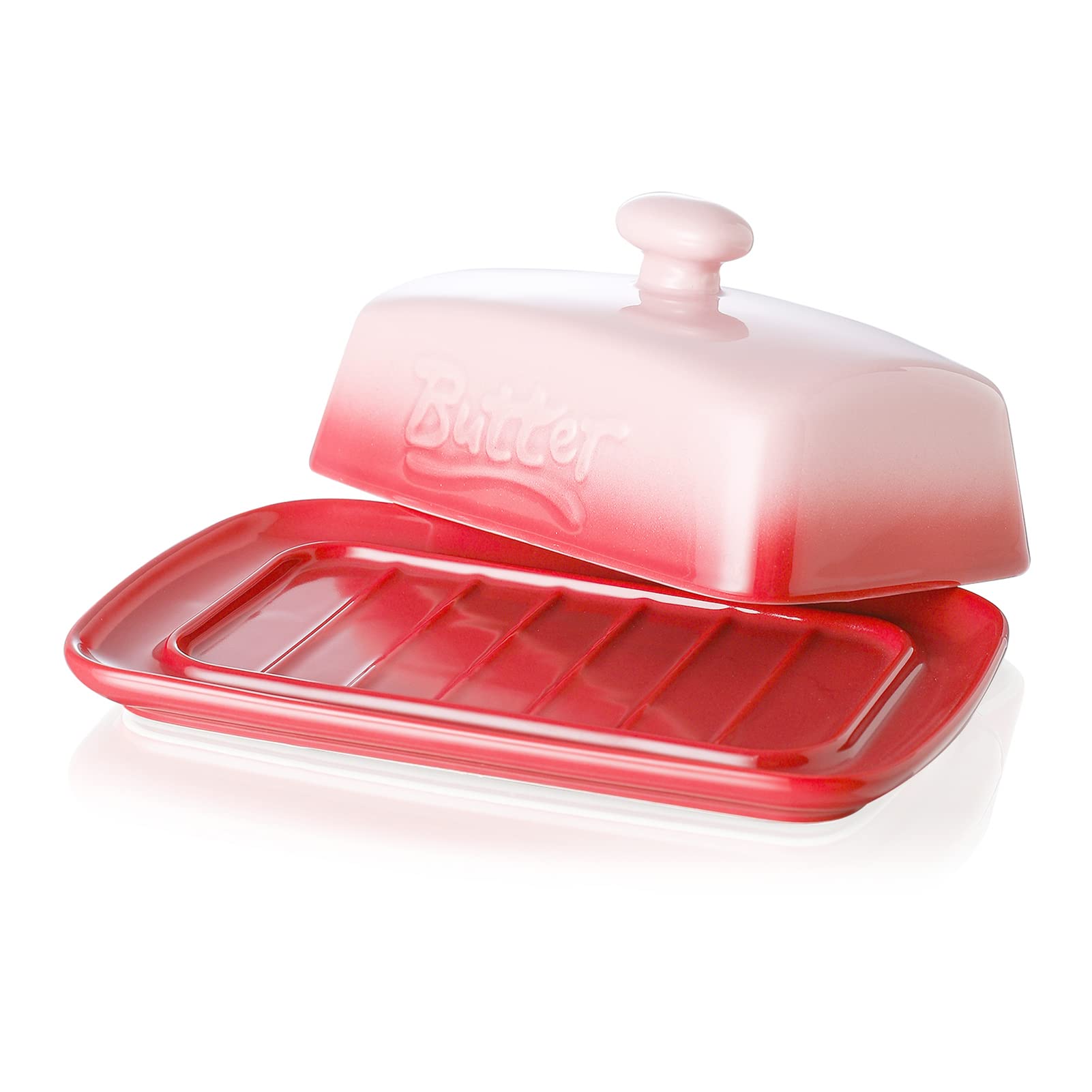 Grande burriera in plastica grigio scuro moderna con coperchio antiodore, lavabile in lavastoviglie e forno a microonde, dimensioni perfette per conservare in frigorifero un blister da 250 g di burro