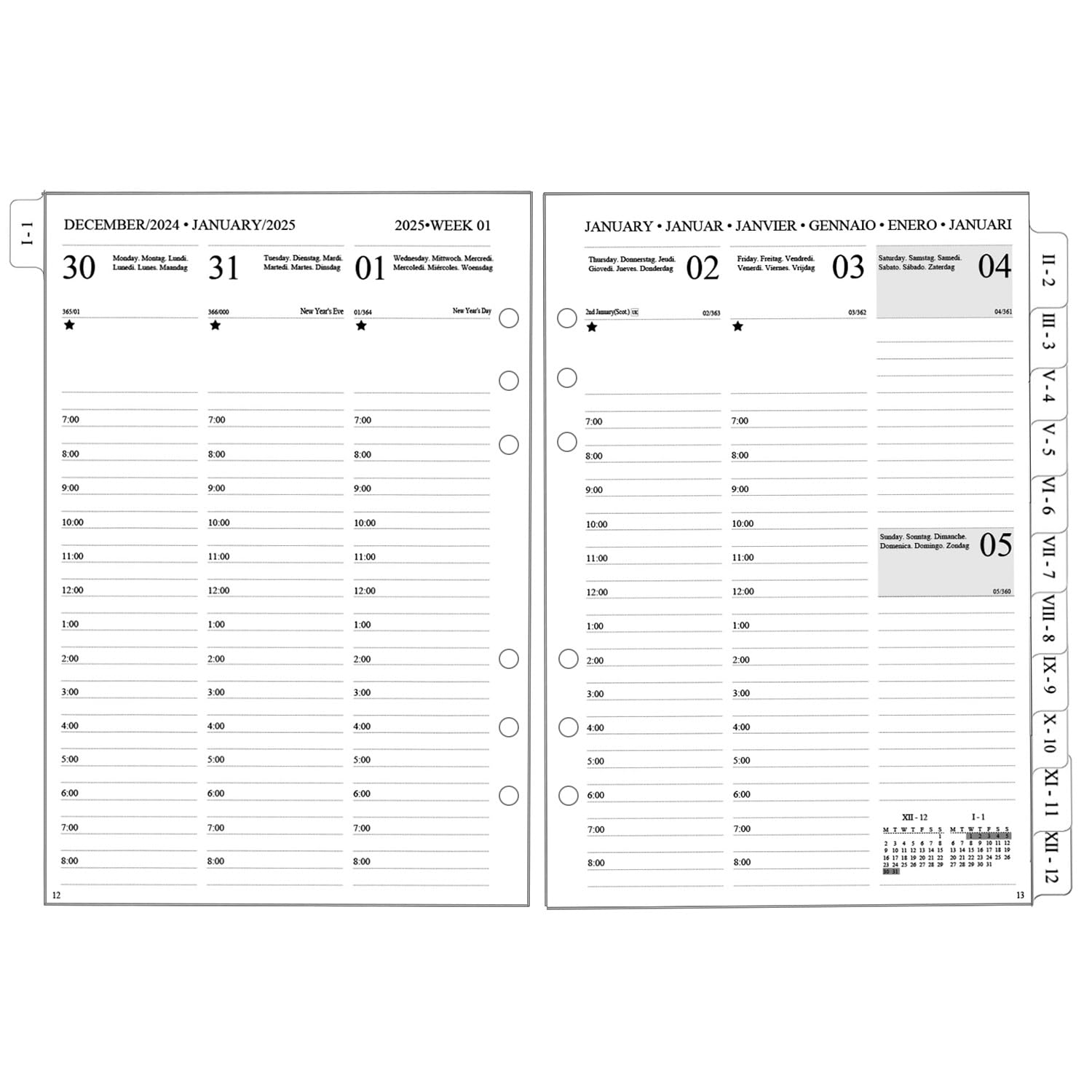 Recambio Agenda 2025 Semana Vista A5 vertical, Agenda Anual con Separadores de 12 Meses, Hojas de Notas Contacto, Enero 25 a Diciembre 25, 6 Agujeros, Papel grueso, 100 gr(Multilingüe)