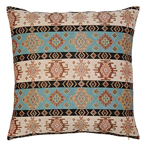 pillowerus Tapiz Gobelin Turquoise-Cream 50,8 x 50,8 cm, funda de almohada de almohada de diseño étnico Kilim azteca manta decorativa para decoración del hogar, sofá, porche, patio, asiento de ventana