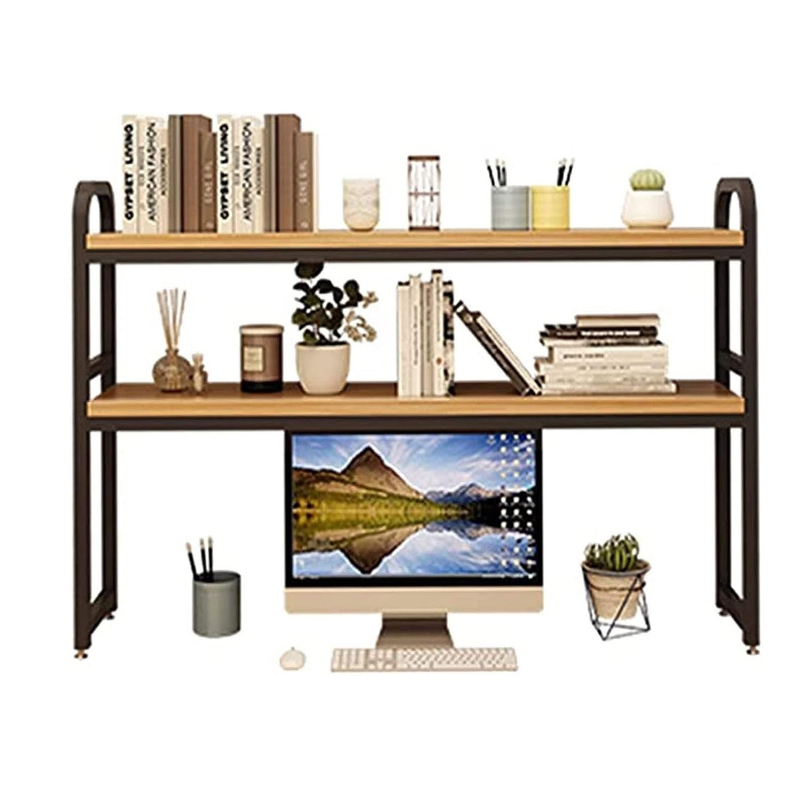 ASerZenith Desktop Organizer 2 Layer Desktop Organizer Organizer Rack - Wood And Metal Computer Desk Bookshelf Desktop Storage Rack,