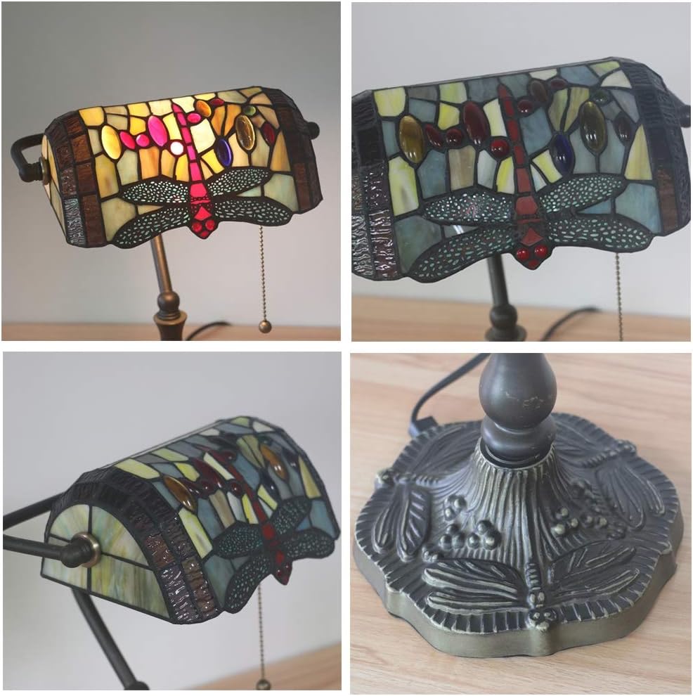 Tiffany Style Bankers Lamp, 10 Inches Vintage Stained Glass Shade Banker Desk Lamp for Bedroom, Beside,Office, Zinc Alloy Base,Pull Cord Switch,Dragonfly