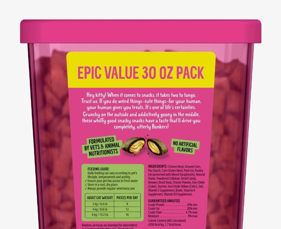 Bonkers Cat Treats, Catnip & Chicken Cheddar Flavor, Crunchy & Gooey, 30 oz Value Pack with Free Catnip Purrpop Sample, Plus 4 Cat Spring Toys