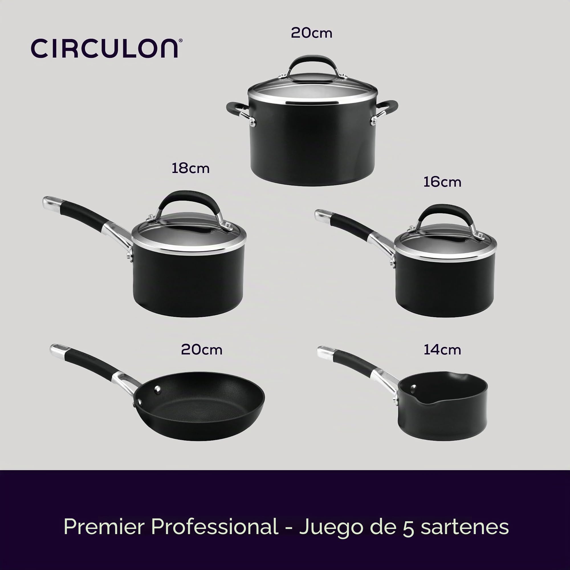 Circulon Juego de 5 sartenes antiadherentes con Tapas de Vidrio y Asas de Agarre Suave, cacerolas Negras aptas para lavavajillas y sartén con garantía de por Vida