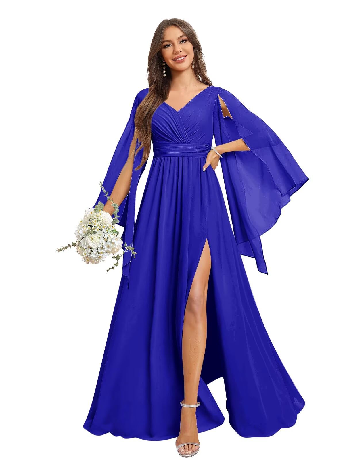 Womens Long Sleeve Chiffon Bridesmaid Dress Side Slit V Neck Formal Evening Gowns