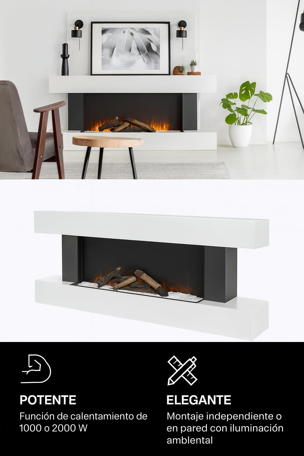 DUPI Chimenea Eléctrica Nero Pro SENZIA | 3 en 1 con Calefacción | Efecto Llama 3D Panorámica | 12 Colores Llama | App Tuya/Smart Life/Alexa | Blanco/Gris | 134x58x21cm