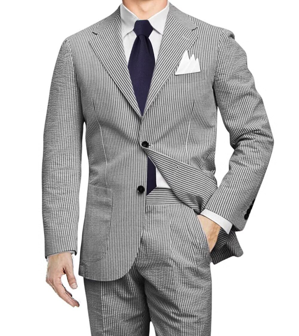 Bessmate Men 2 Pieces Summer Seersucker Suits Beach Wedding Suits Grooms Slim Fit Striped Blazer