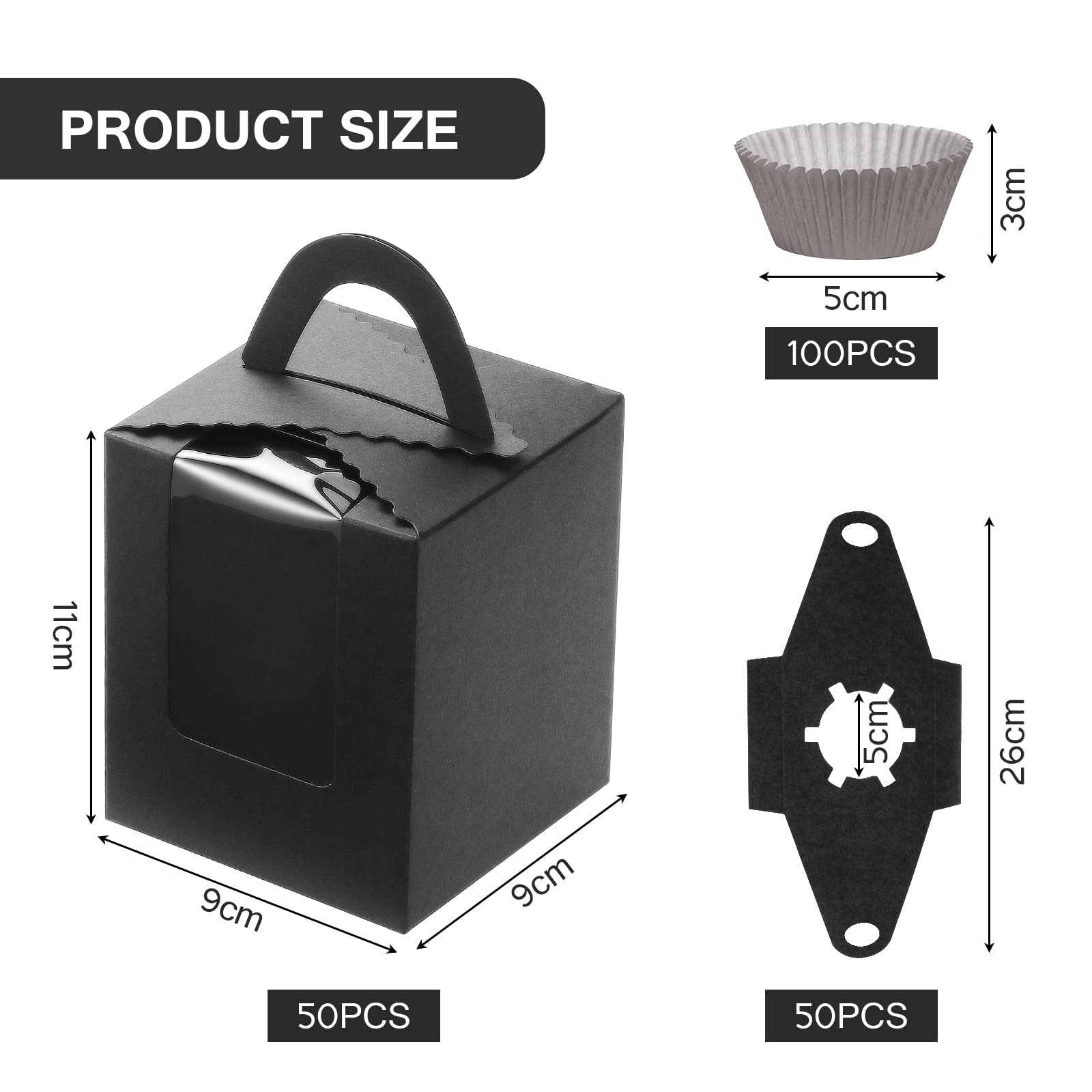 Coolty 50 Pezzi Scatole Singole per Cupcake Scatole per Muffin Scatola Cupcake con 100 Pezzi Custodie per Cupcake Scatola per Dessert Muffin Pasticcini Macarons Torte Regali (Black)