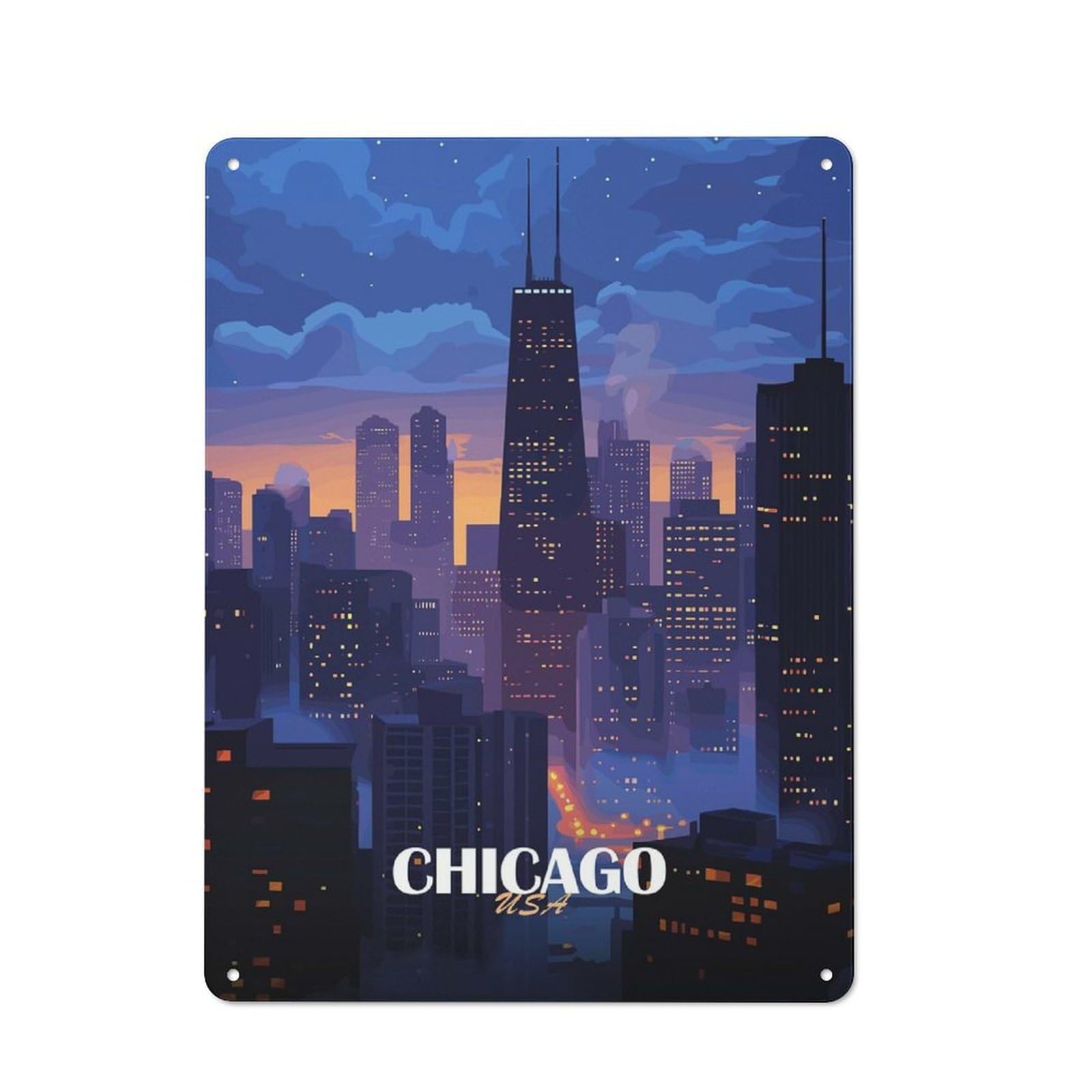 Junmoney Style-3 Metal Wall Sign 40X30cm Featuring Chicago Cityscape At Dusk For Café Or Home Bar, A Decorative Gift For A Newly Furnished Café And Home Bar