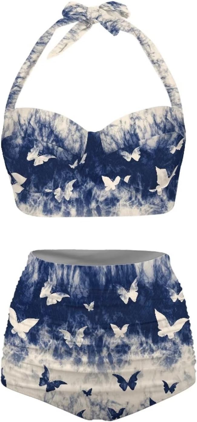 Butterfly Women's Retro Ruched Ruffle High Waist Bikini Set, Flag Tankini Swimsuits Tummy Control Swimwear